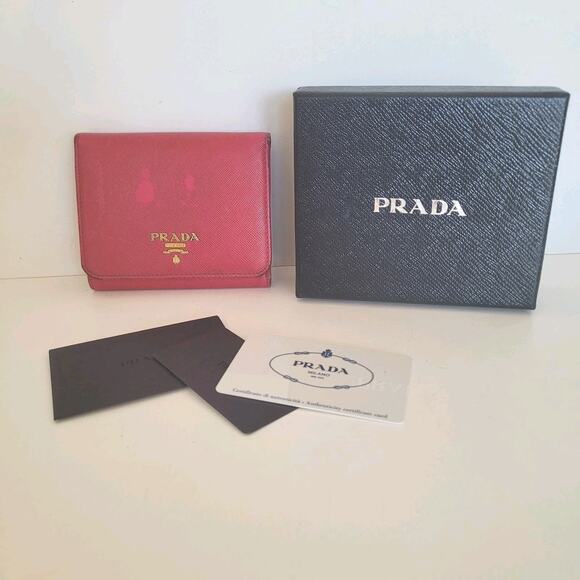 PRADA Authentic Leather Wallet Pink Peonia Saffiano Metal Trifold Compact Box - Picture 1 of 13